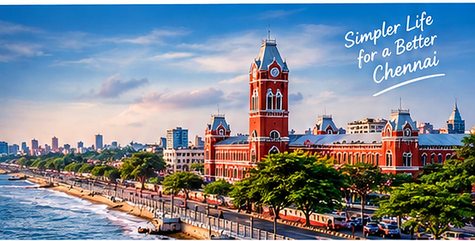 Chennai Central railway station and the Marina promenade at golden hour